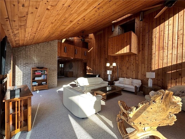 173 Alpine Heights Rd, Saltlick Twp, PA 15622 - carpeted living area with lofted ceiling, wood ceiling, wood walls, and ceiling fan
