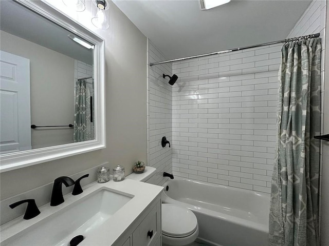 full bathroom with shower / bath combo, vanity, and toilet