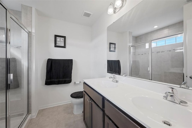 bathroom featuring vanity, tile patterned flooring, a shower with door, and toilet