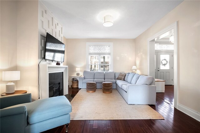 living room featuring dark wood-type flooring