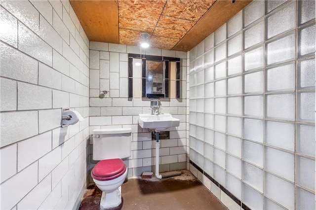 bathroom with toilet, concrete flooring, and a sink