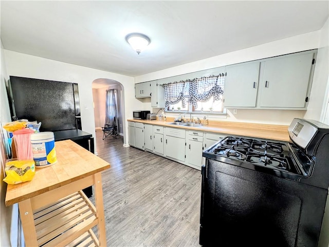 kitchen featuring light hardwood / wood-style flooring, sink, range with gas cooktop, and gray cabinets