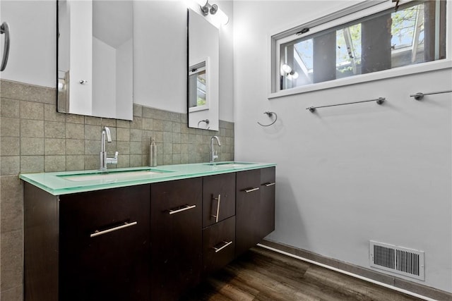 bathroom featuring vanity, decorative backsplash, and wood-type flooring