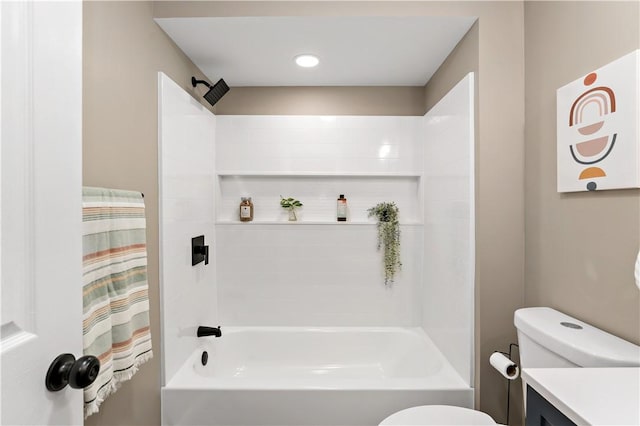 full bathroom with  shower combination, toilet, and vanity