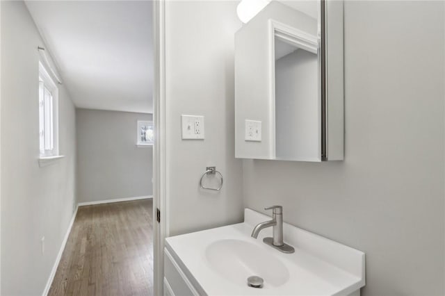 bathroom featuring hardwood / wood-style flooring and vanity