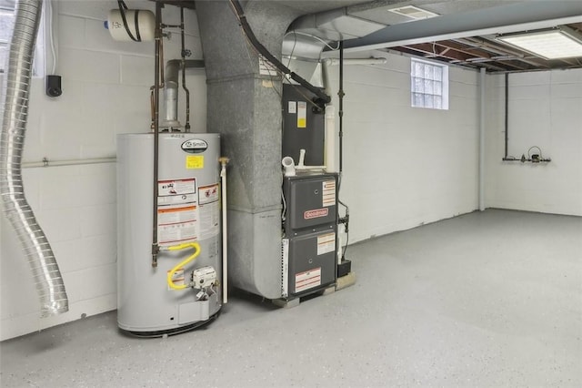 utility room with gas water heater and heating unit