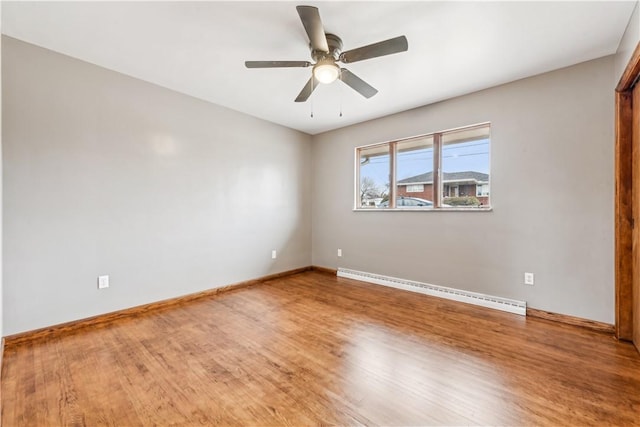 empty room with hardwood / wood-style flooring, a baseboard radiator, and ceiling fan