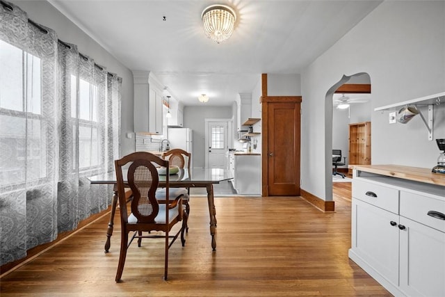 dining area featuring light hardwood / wood-style floors and ceiling fan