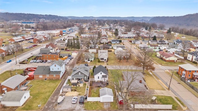 drone / aerial view featuring a mountain view