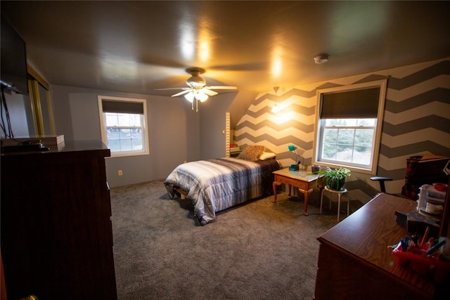 bedroom featuring ceiling fan and carpet flooring