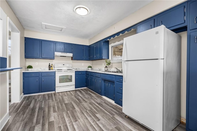 kitchen featuring blue cabinetry, dark hardwood / wood-style flooring, sink, and white appliances