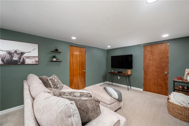 living room featuring light carpet