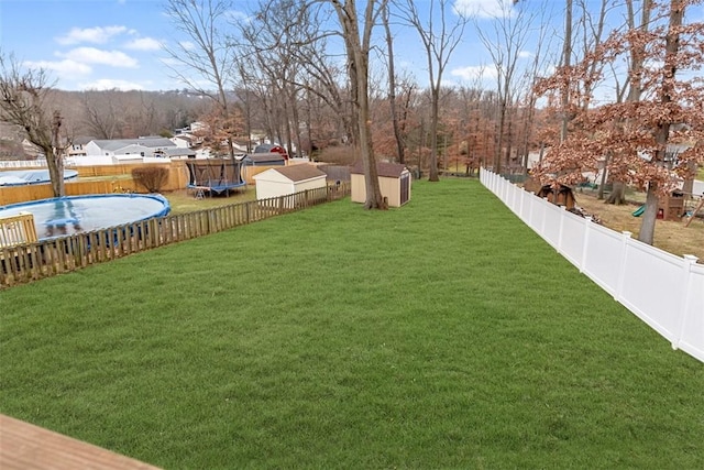 view of yard with a storage shed, a covered pool, and a trampoline