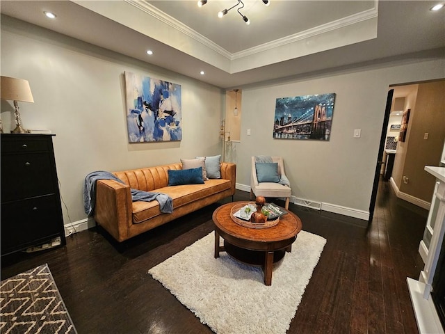 living room featuring crown molding, a tray ceiling, and dark hardwood / wood-style flooring