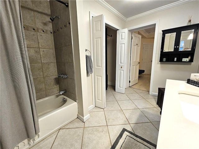 bathroom featuring vanity, tile patterned flooring, crown molding, and shower / bath combo with shower curtain