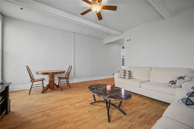 living room featuring beam ceiling, ceiling fan, and hardwood / wood-style flooring