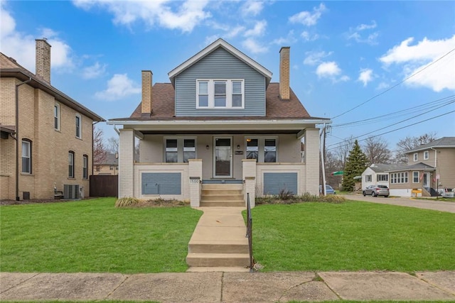 bungalow-style home with cooling unit, a front lawn, and a porch