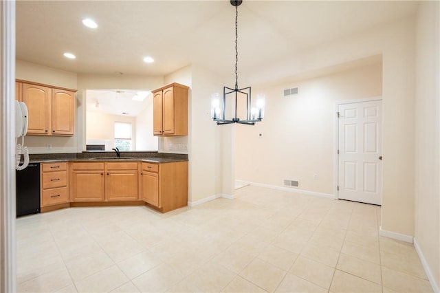 kitchen featuring a chandelier, decorative light fixtures, black dishwasher, and sink