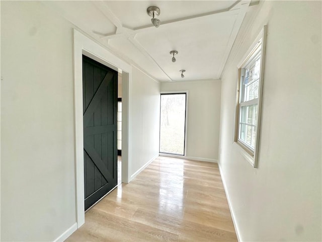 interior space with a barn door and light wood-type flooring