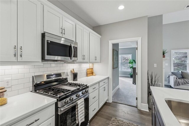 1045 Lakeside Dr, Mcdonald Wsh, PA 15057 - kitchen with sink, appliances with stainless steel finishes, white cabinets, dark hardwood / wood-style flooring, and decorative backsplash