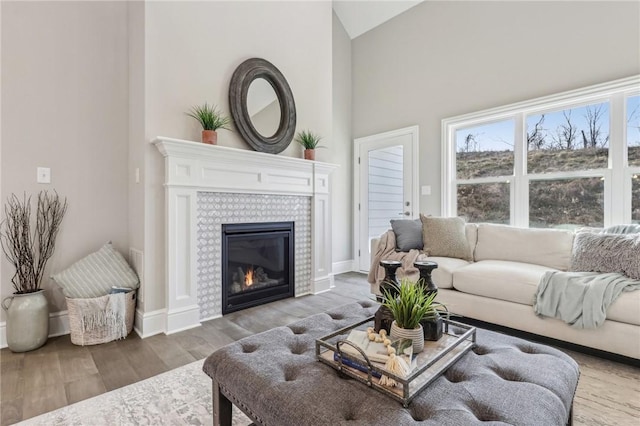 1045 Lakeside Dr, Mcdonald Wsh, PA 15057 - living room with hardwood / wood-style flooring, high vaulted ceiling, and a fireplace