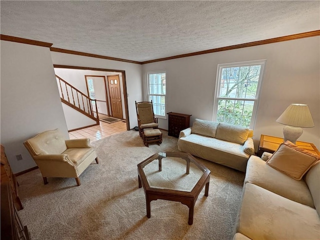 carpeted living room featuring ornamental molding and a textured ceiling