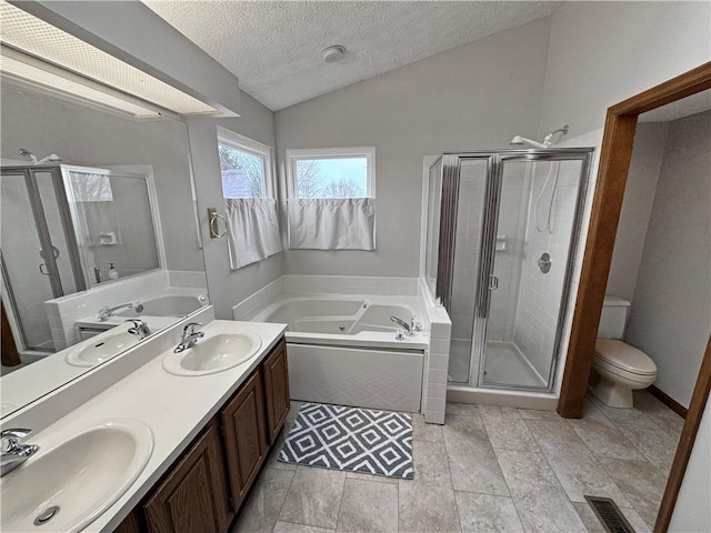full bathroom featuring a shower stall, visible vents, a sink, and vaulted ceiling