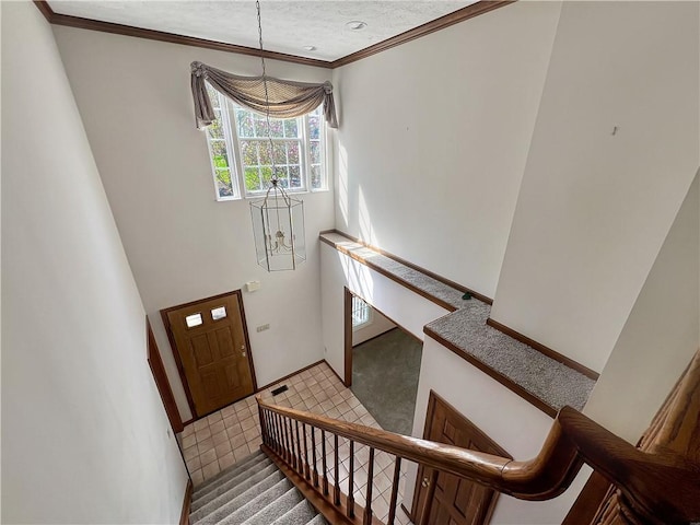 entrance foyer with crown molding, baseboards, carpet, and a towering ceiling