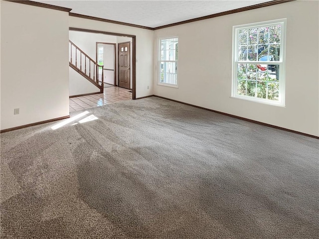 interior space with ornamental molding, baseboards, carpet, and stairs