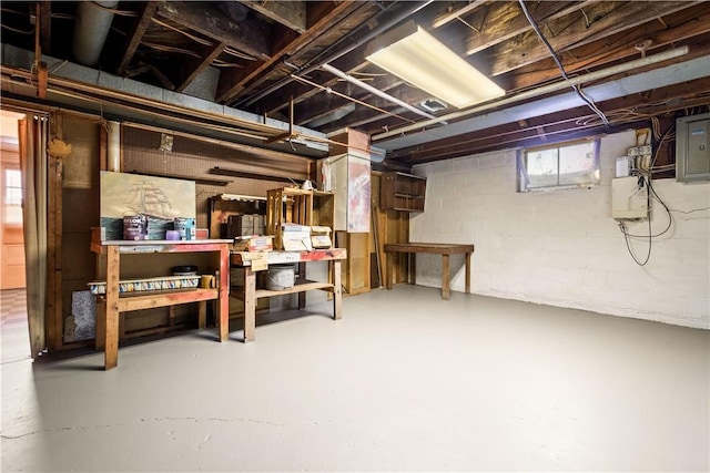 basement with a workshop area and electric panel