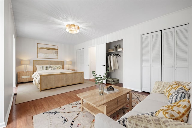 bedroom with hardwood / wood-style flooring and multiple closets