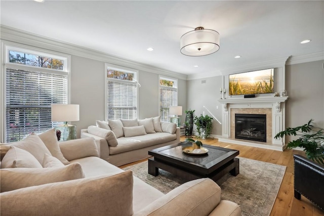 living room with crown molding and light wood-type flooring