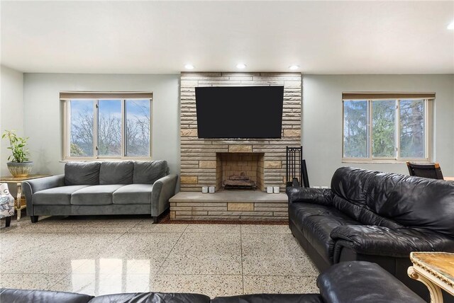 living room with a fireplace