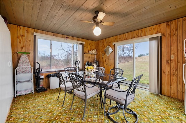 carpeted dining room with wood ceiling, plenty of natural light, wooden walls, and ceiling fan