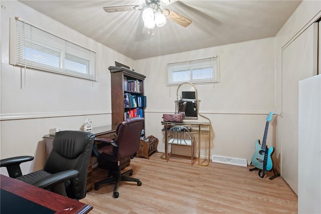 office with ceiling fan and light wood-type flooring