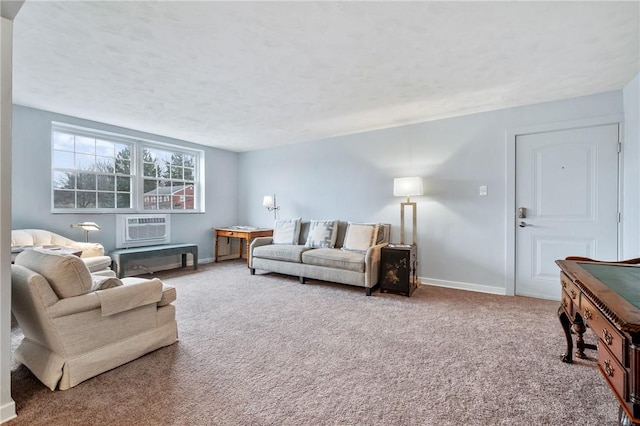 living room with an AC wall unit, a textured ceiling, and carpet flooring