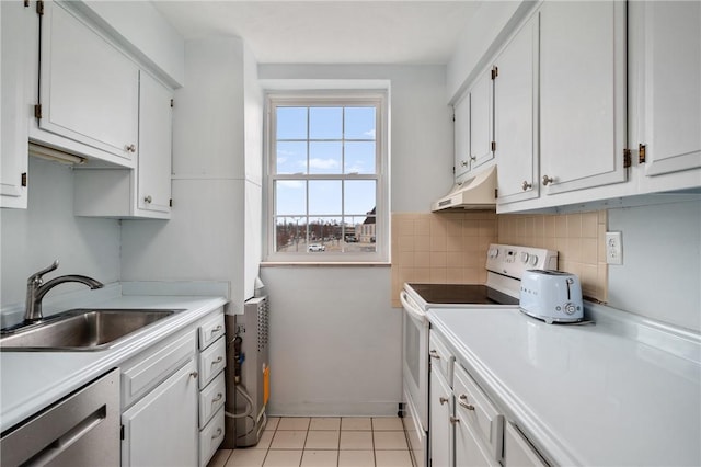 kitchen featuring white range with electric stovetop, dishwasher, white cabinetry, sink, and decorative backsplash