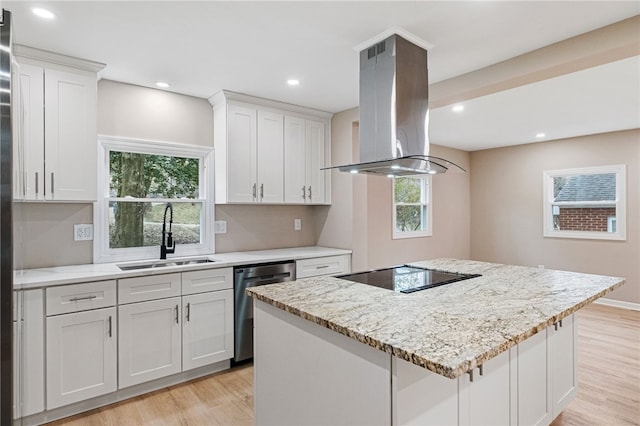 kitchen with white cabinetry, dishwasher, sink, island exhaust hood, and black electric stovetop