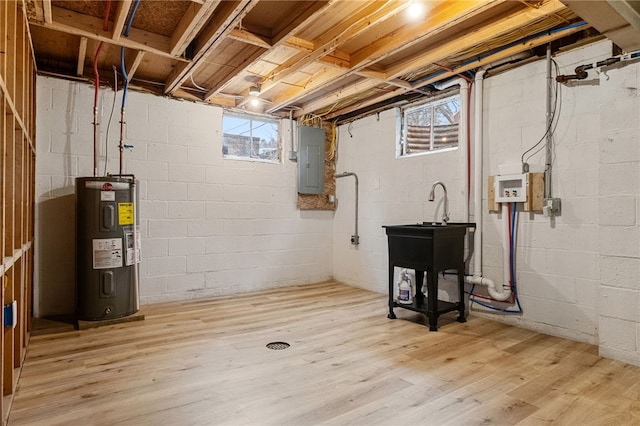 basement with hardwood / wood-style flooring, electric panel, and electric water heater