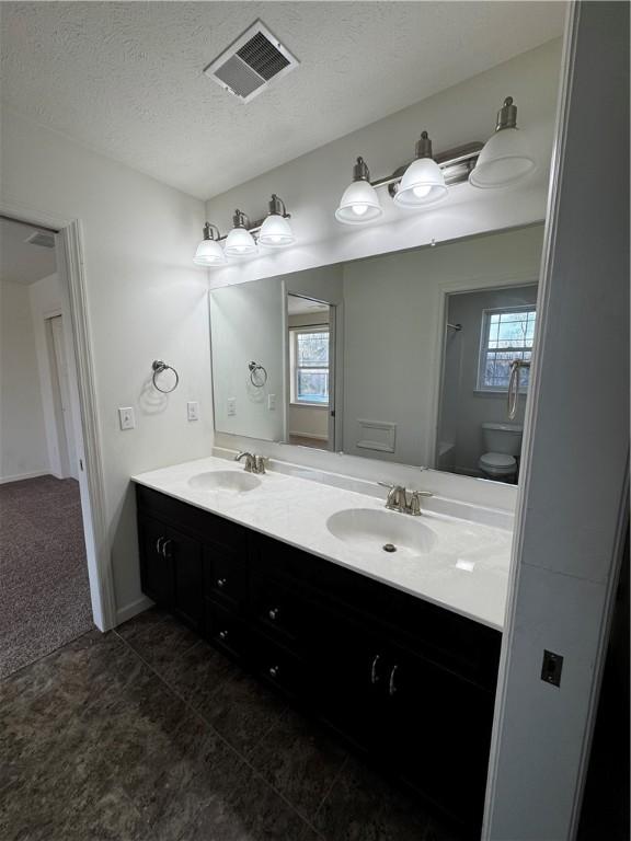 bathroom featuring vanity, a textured ceiling, and toilet