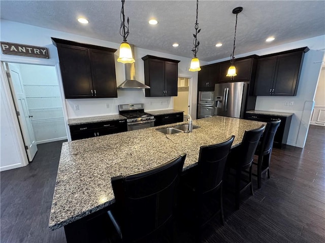 kitchen featuring sink, hanging light fixtures, a center island with sink, dark hardwood / wood-style floors, and stainless steel appliances