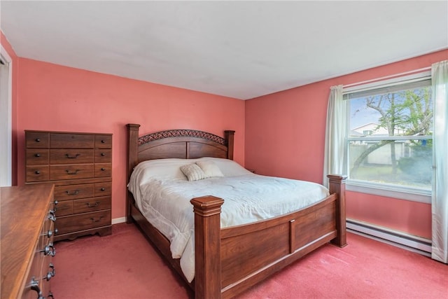 bedroom with light colored carpet and baseboard heating