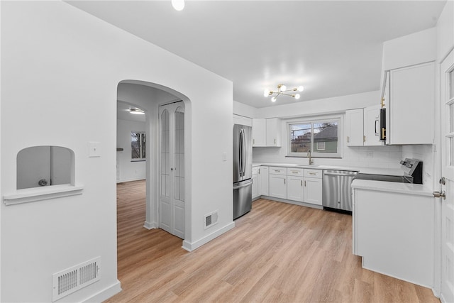 kitchen with sink, light hardwood / wood-style flooring, stainless steel appliances, white cabinets, and decorative backsplash