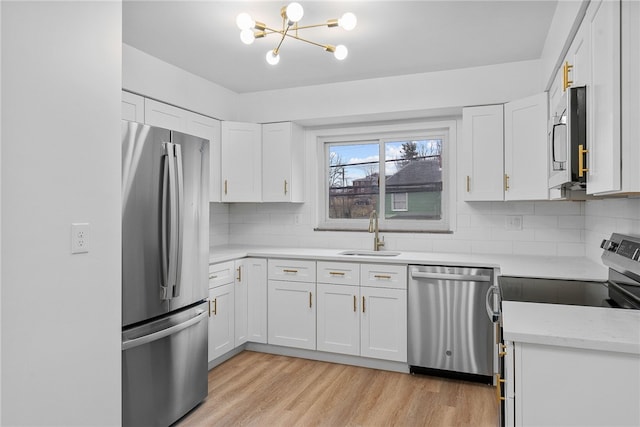 kitchen featuring sink, white cabinetry, stainless steel appliances, tasteful backsplash, and light hardwood / wood-style floors