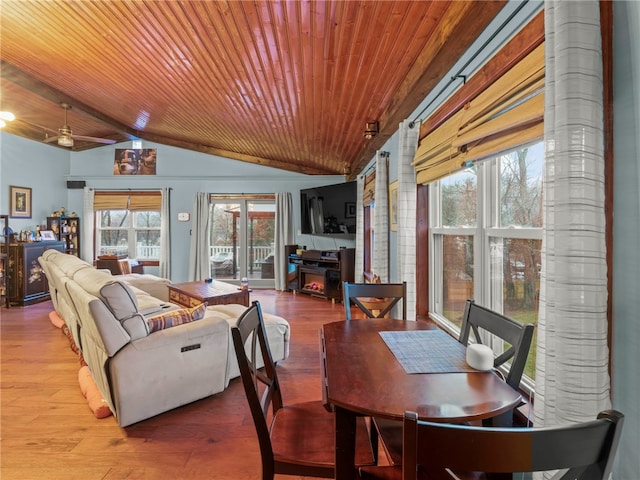 dining space featuring ceiling fan, lofted ceiling, hardwood / wood-style floors, and wooden ceiling