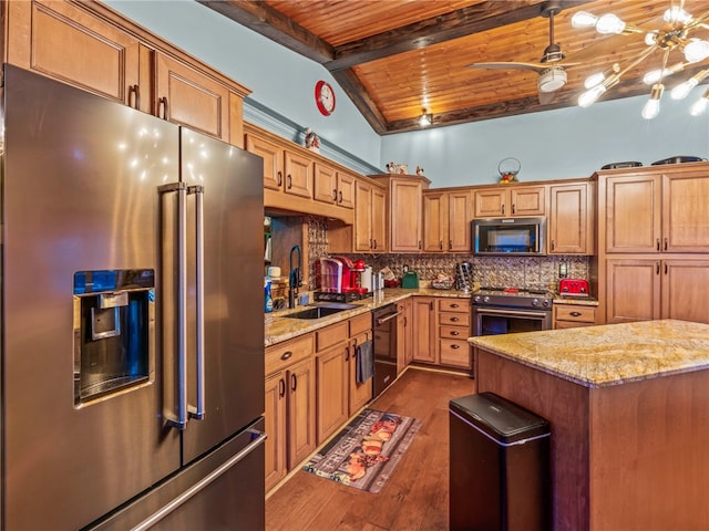 kitchen with sink, wood ceiling, tasteful backsplash, premium appliances, and dark hardwood / wood-style floors