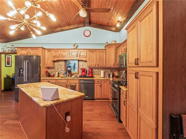 kitchen with a kitchen island, hardwood / wood-style floors, lofted ceiling with beams, wood ceiling, and black appliances