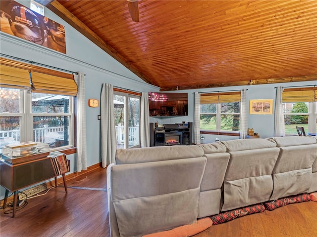 living room with wood ceiling, lofted ceiling, wood-type flooring, and plenty of natural light