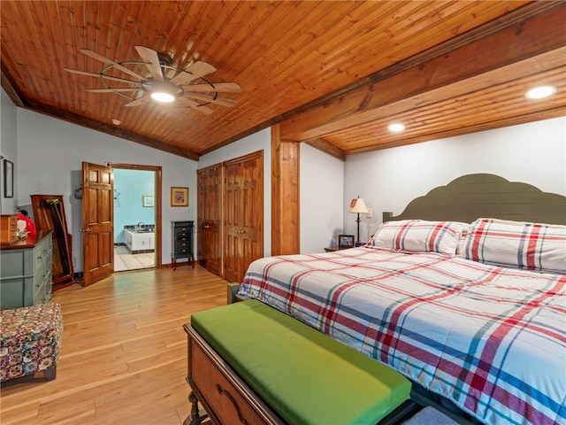 bedroom featuring vaulted ceiling, wooden ceiling, ceiling fan, and light wood-type flooring