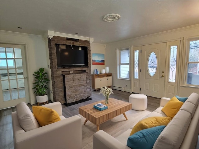 living room with hardwood / wood-style flooring, a baseboard radiator, a stone fireplace, and plenty of natural light